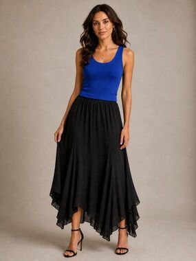 Express Black Silk Maxi Skirt Size S Flowy Handkerchief Hem Boho Elegant